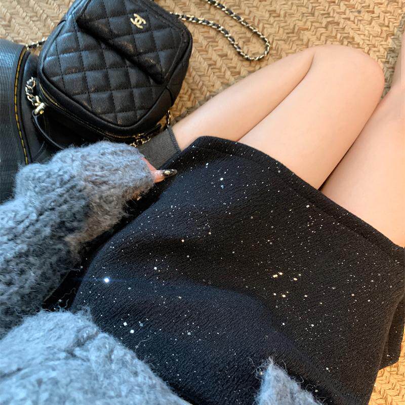 大码小香风细闪亮片A字裙女冬季加厚毛呢半身裙包臀短裙高腰显瘦