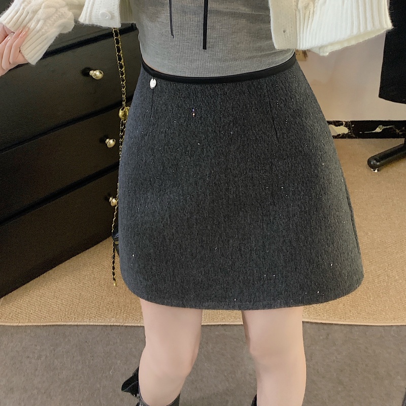 大码灰色闪闪亮丝毛呢半身裙女秋冬高腰a字半裙小个子包臀短裙子