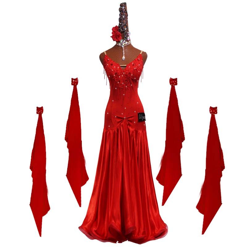 新款高档摩登舞比赛服演出服表演服大摆鱼骨卷边舞裙红色绣花水晶,运动/瑜伽/健身/球迷用品,摩登舞套装(含演出服),淘宝优惠券,粉丝福利购,淘宝优惠卷