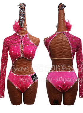 佳汇欣SALSA舞萨萨舞拉丁舞服演出服表演服粉色高开叉不对称舞裙