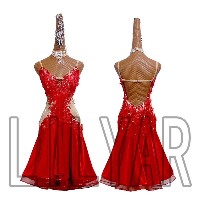 黎丽雅绣花红色拉丁舞裙