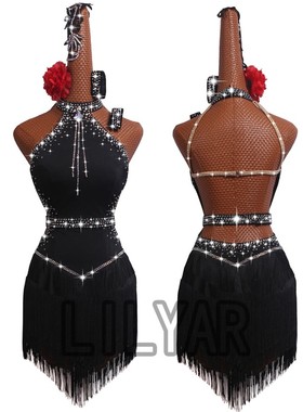 黎丽雅拉丁舞蹈服专业比赛服动感流苏裙短裙连衣裙黑色闪钻定制