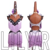 新款 拉丁舞比赛演出表演服儿童成人女浅紫流苏黑色绣花闪钻舞裙