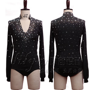 佳汇欣男士拉丁舞比赛服上衣演出服上衣衬衫黑色V领全身中东钻