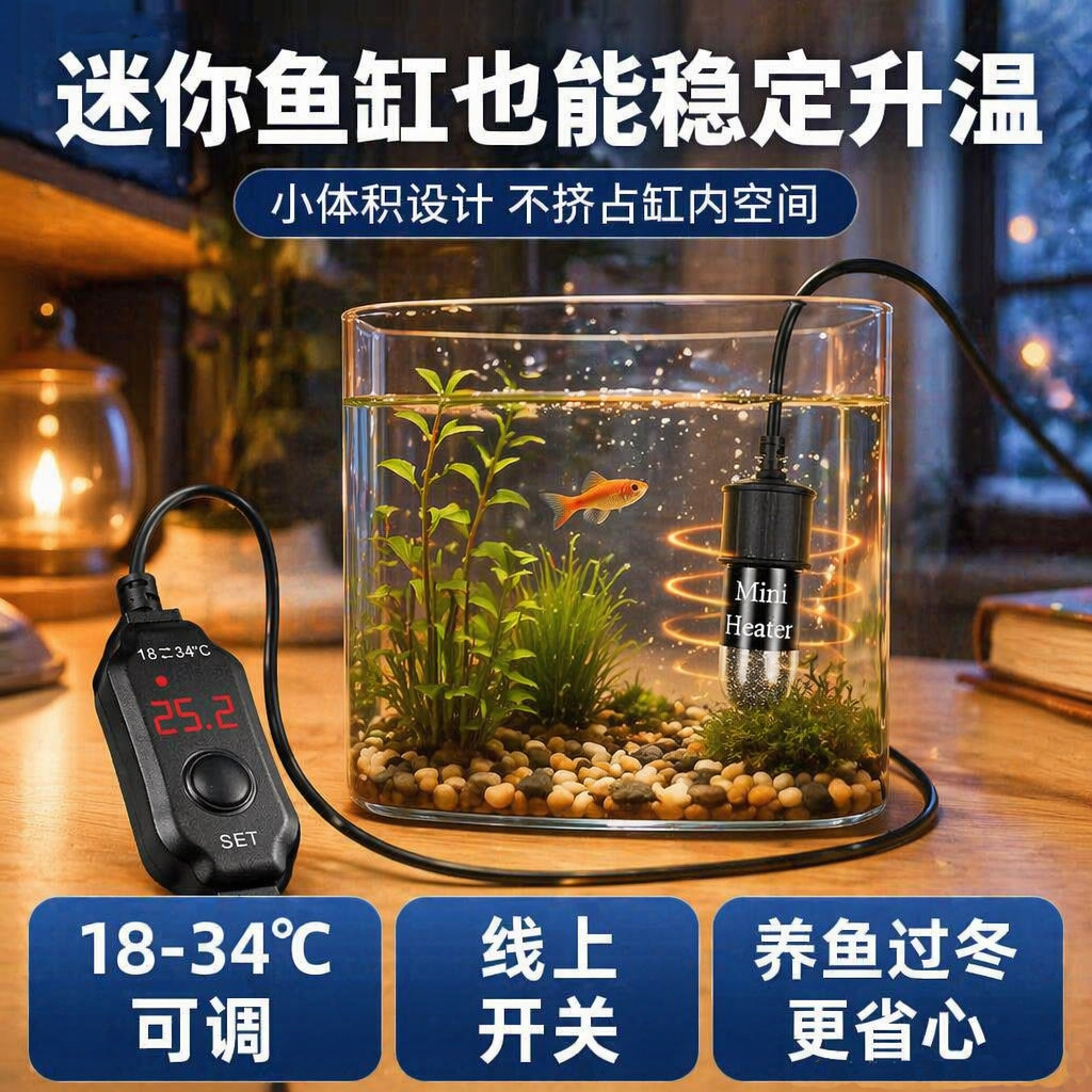 鱼缸USB迷你加热棒自动恒温变频省电斗鱼热带鱼乌龟低水位加温棒