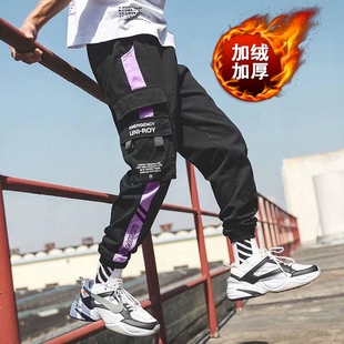 暗黑机能者风工装裤男秋冬加绒休闲裤子ins潮裤加超大码胖子显瘦