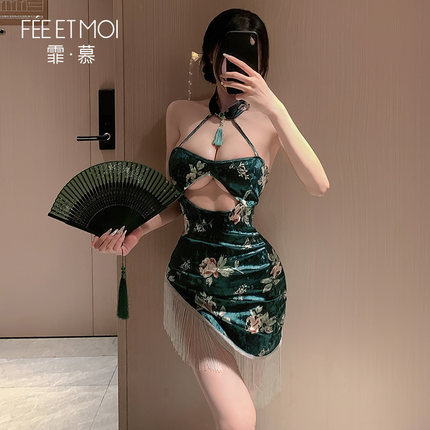 霏慕性感丝绒旗袍情侣趣味内衣高级感显瘦睡衣女镂空流苏辣妹6711