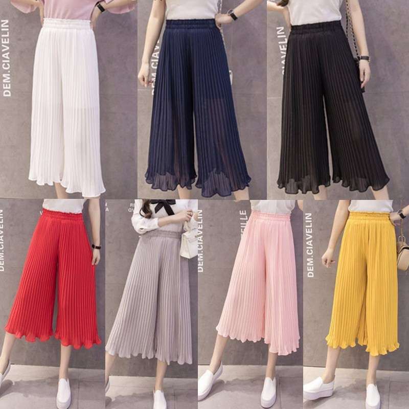 沙滩裤七分阔腿裤女夏季新款高腰直筒百褶阔脚裤女雪纺裙裤子薄款