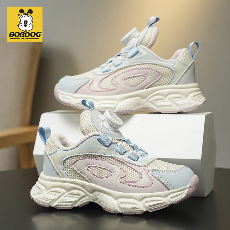 巴布豆女童运动鞋2026春秋新款网面透气旋转纽扣轻便减震跑步鞋子