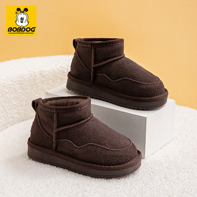 巴布豆儿童雪地靴真皮冬季加绒加厚女童棉靴冬鞋雪地棉男童棉鞋子
