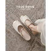 真皮包头平底凉鞋 外穿夏玛丽珍半拖鞋 脚宽胖大码 新中式 女鞋 41一43