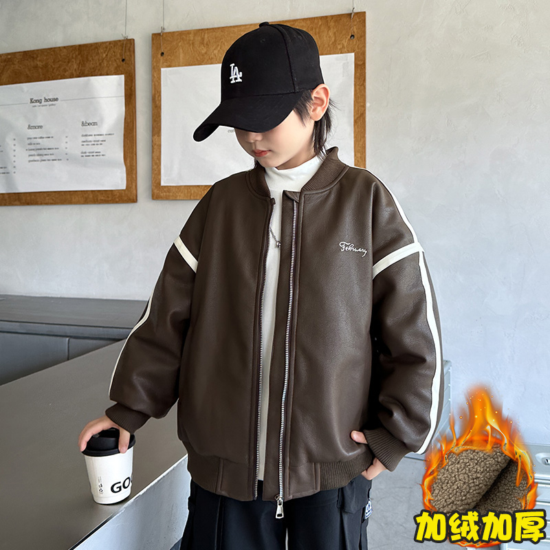 男童秋冬加绒皮衣外套2025新款