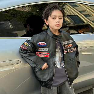 衣服春季 儿童装 中大童春装 2026新款 男孩酷帅皮衣潮 男童外套春秋款