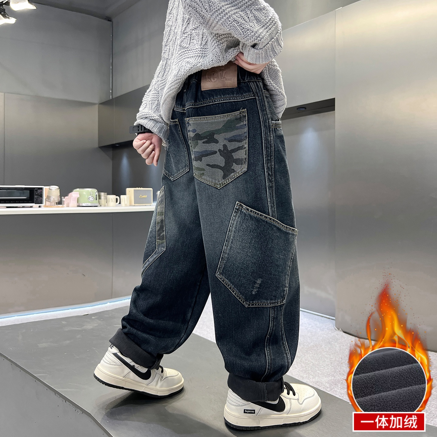 男童秋冬加绒牛仔裤2025新款