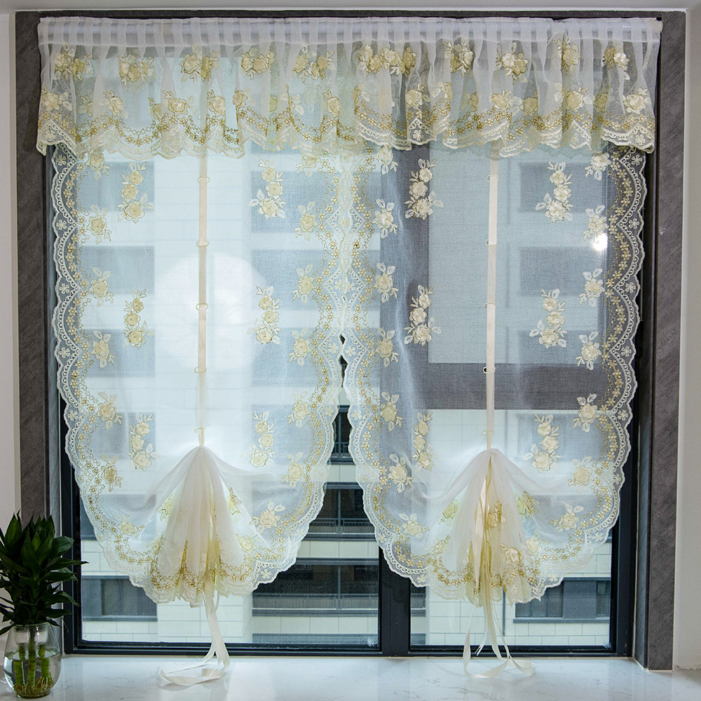 钉珠贴花美式短帘半帘 气球帘提拉帘窗帘纱帘飘窗罗马帘升降窗帘