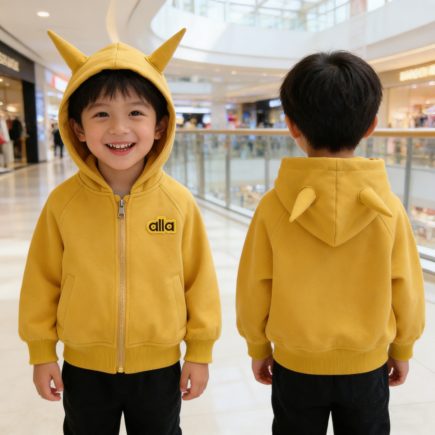 男童外套春秋薄款儿童拉链牛角连帽上衣小童休闲卫衣开衫黄色洋气