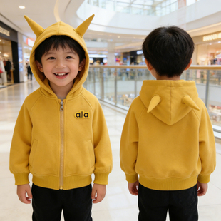 男童外套春秋薄款 黄色洋气 儿童拉链牛角连帽上衣小童休闲卫衣开衫