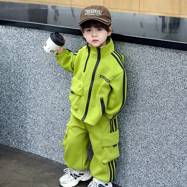 男童春秋运动套装荧光绿色拉链卫衣宝宝两件套洋气休闲儿童衣服