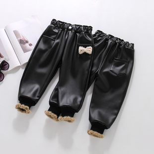 中小童洋气蝴蝶结束脚裤 女童皮裤 儿童一体绒裤 2025新款 加绒秋冬款