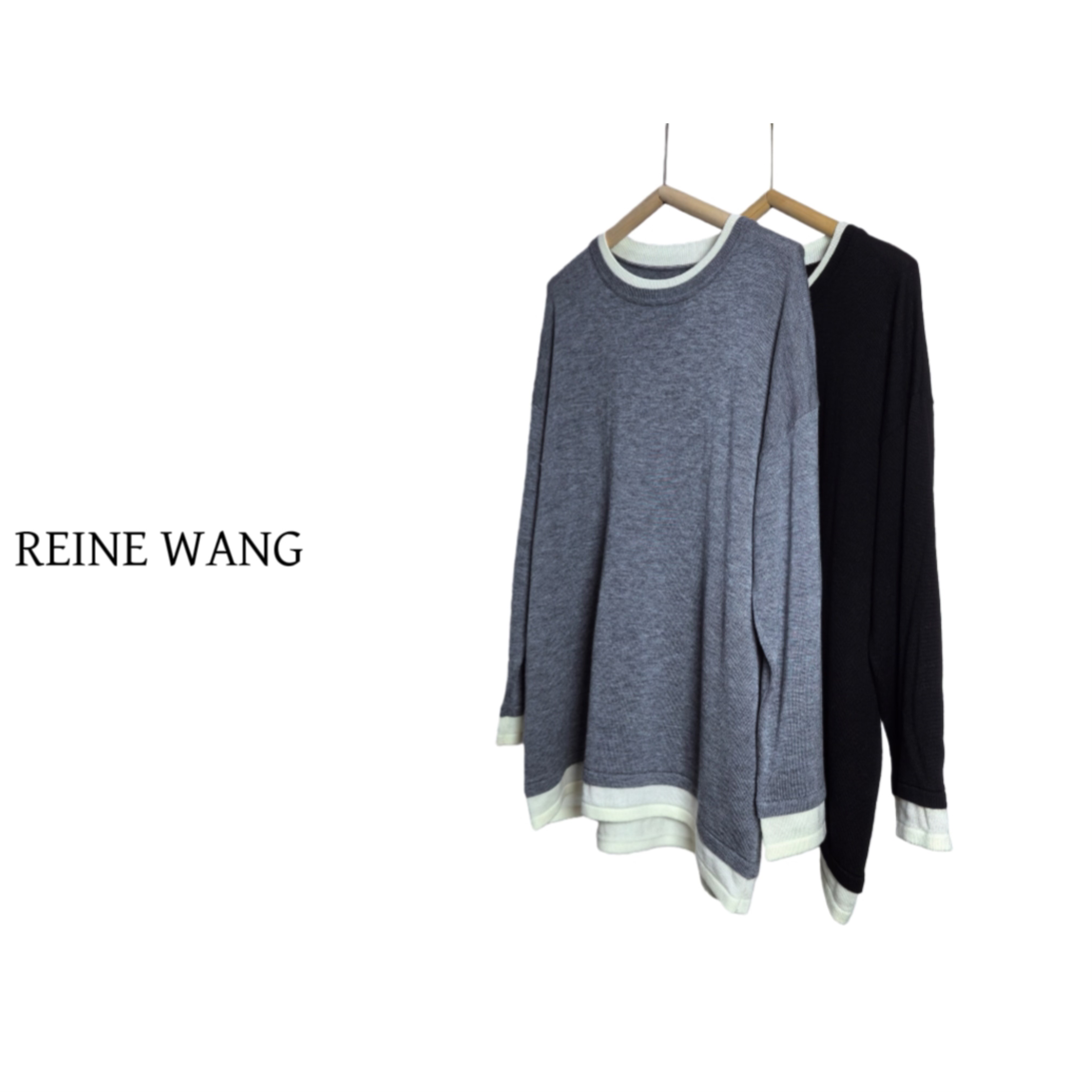 REINEWANG 26春款上新假两件拼色打底衫撞色长袖针织中长款上衣