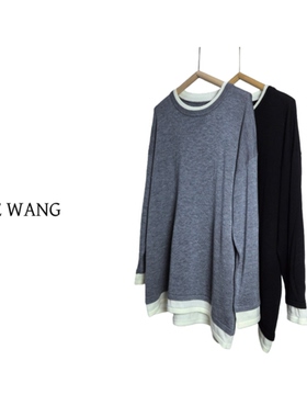 REINEWANG 26春款上新假两件拼色打底衫撞色长袖针织中长款上衣