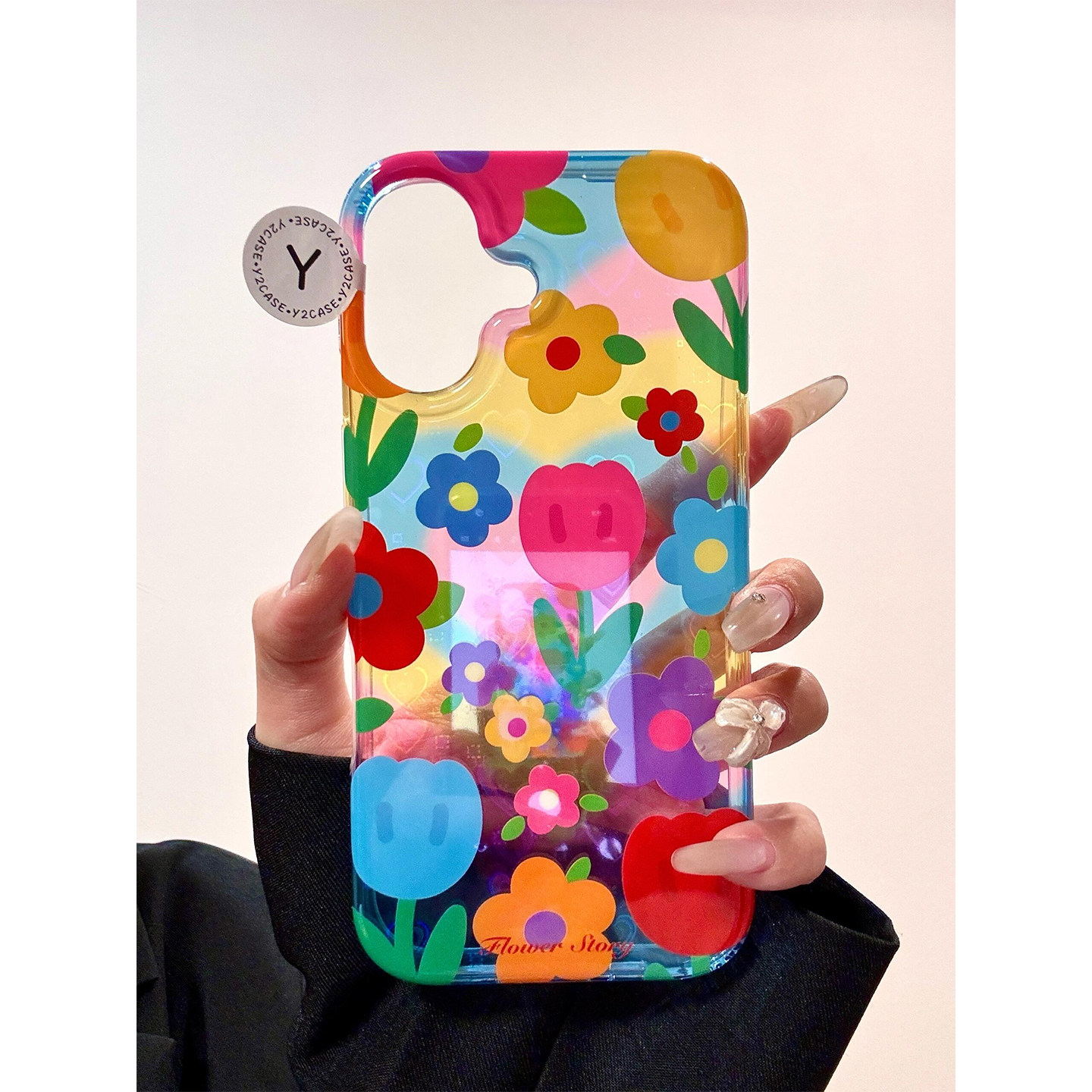 镭射爱心早春彩色郁金香花朵适用iPhone17promax手机壳
