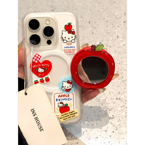 卡通可爱Kitty猫标签苹果镜面磁吸支架适用iphone15promax手机壳苹果16外壳14pro女款13promax全包15防摔16Pm