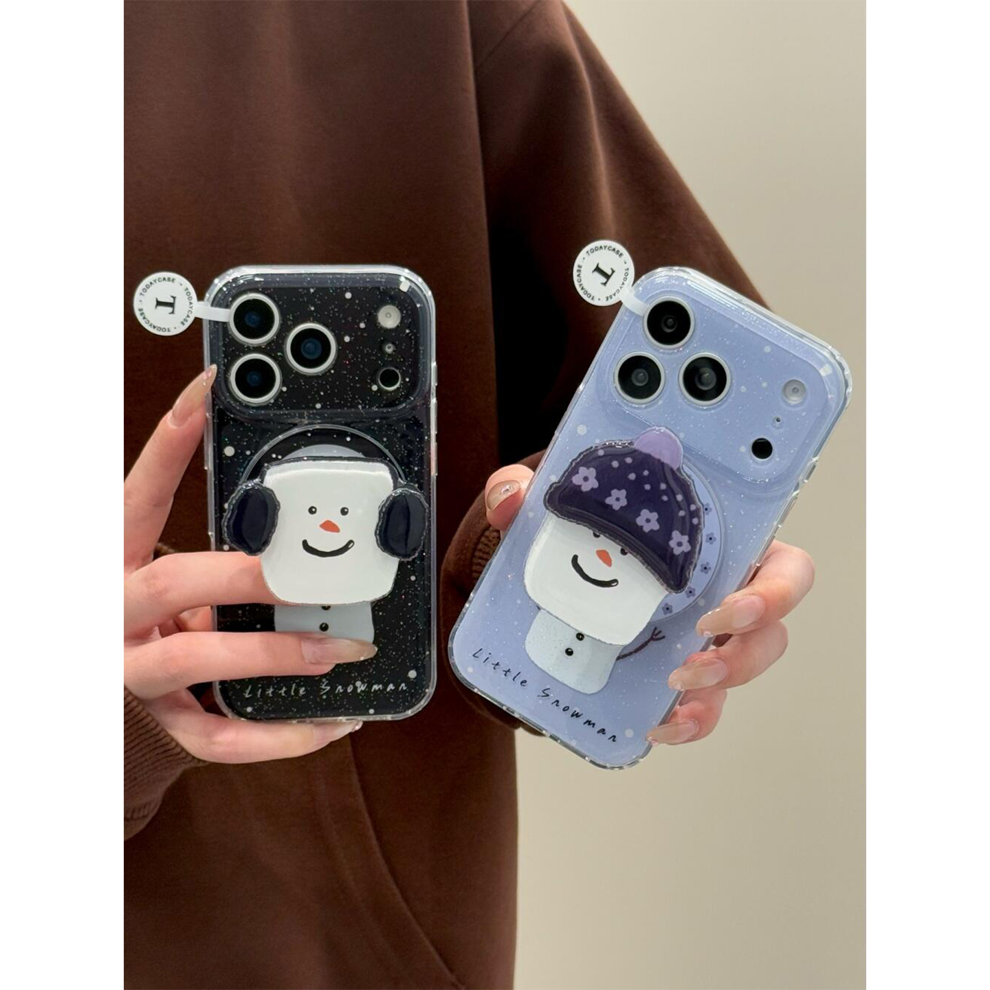 韩系可爱耳罩针织帽雪人磁吸支架适用iPhone17promax手机壳双层苹果17新款16pro全包14防摔15pm女款17pro情侣