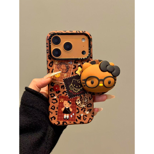 焦糖棕豹纹可爱黑皮Kitty猫磁吸支架适用iphone17promax手机壳苹果17Pro韩系15pm新款14Pro硬17防摔女款16Pro