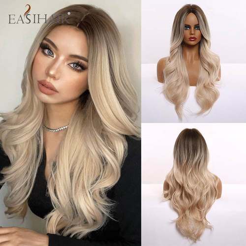 Ombre Brown Light Blonde Platinum Long Wavy Middle Part Hair