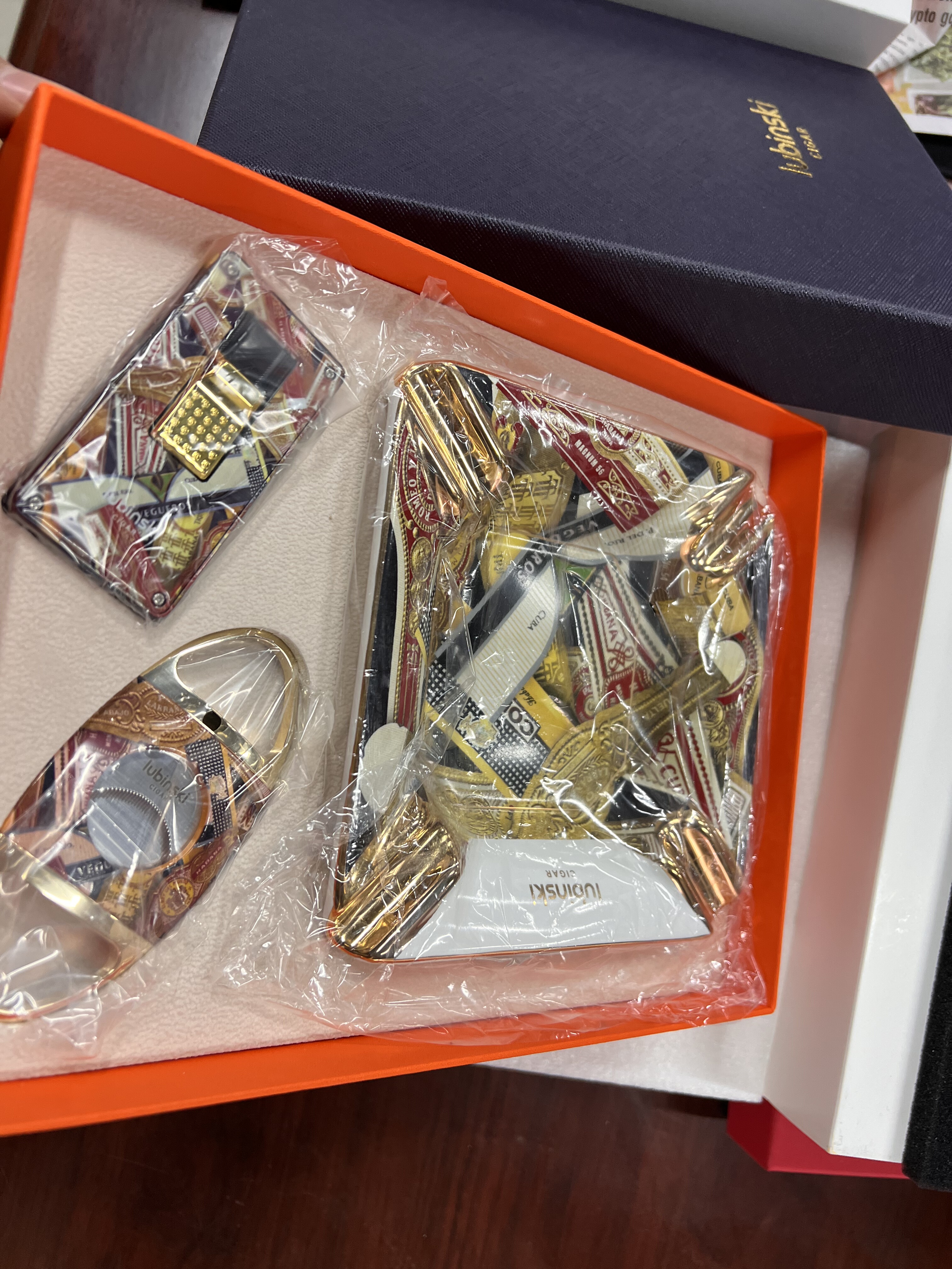 LUBINSKI雪茄套装防风火机四槽烟缸双刃剪刀鲁宾斯基礼盒装三件套