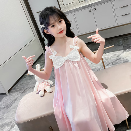 女童夏季睡裙中长款洋气2026新款中大童短袖睡衣时髦家居服粉睡袍