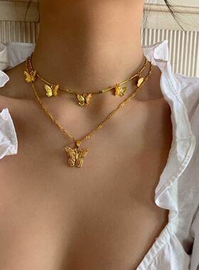 ins欧美复古超仙女神蝴蝶镂空流苏吊坠多层项链choker颈链锁骨