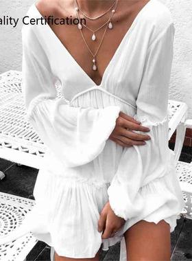 White Long Sleeve Mini Dress Party Beach Sundress