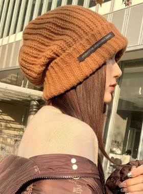 粗毛线帽女秋冬季日系大头围宽松针织帽显脸小冷帽ins潮黑色帽子