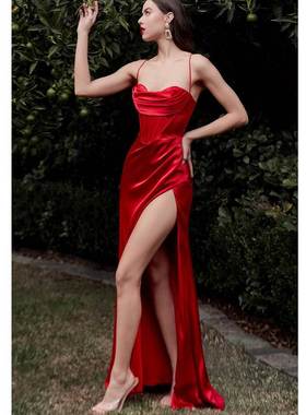 欧美风亚马逊爆款ins气质高品质黑色吊带露背长款拖地连衣裙开衩