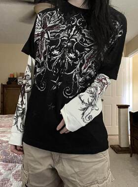 Gothic Tops Women Vintage Graphic Print Patchwork Long T Shi