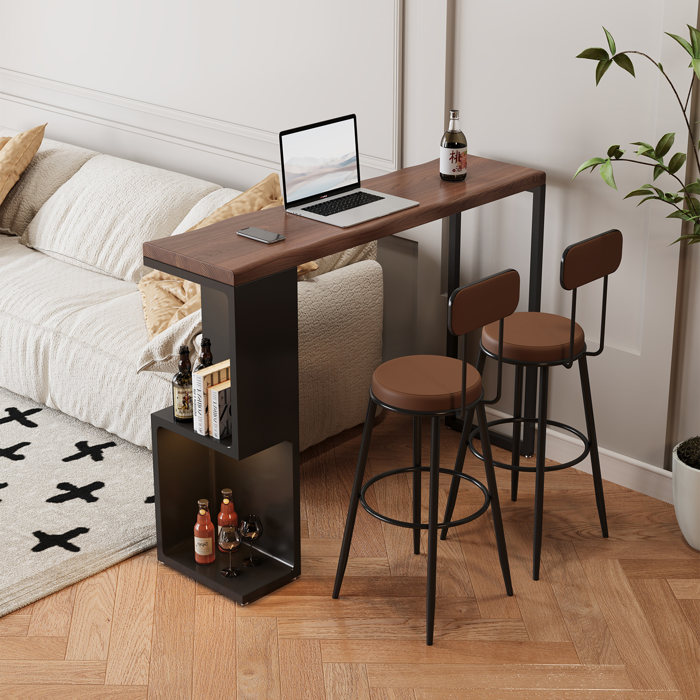 奶油风吧台桌餐桌一体家用隔断窄款实木饭桌原木岛台长条桌小户型