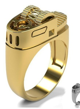 禾呈wish热卖创意打火机造型戒指 欧美朋克风格punk镀14k黄金男戒