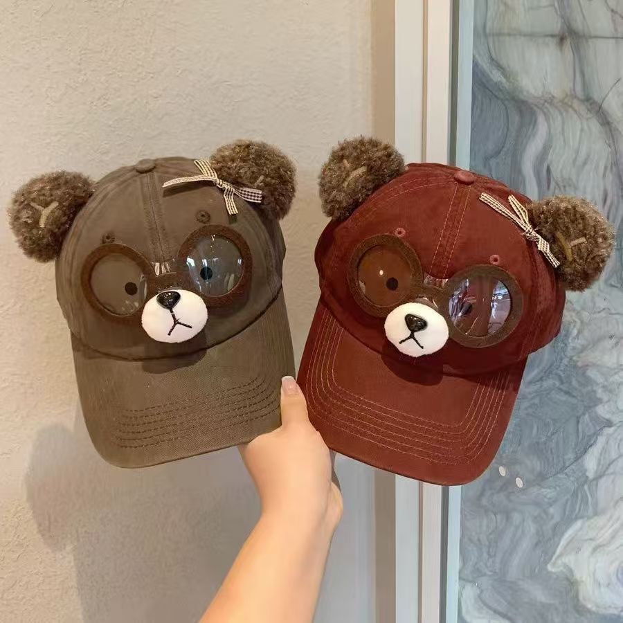 韩国2025年早秋新款可爱卡通眼镜小熊棒球帽宽檐显脸小防晒鸭舌帽