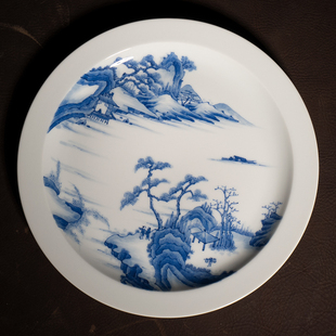 龙圣华苑景德镇陶人临古青花康熙山水人物折沿大壶承手工干泡茶盘