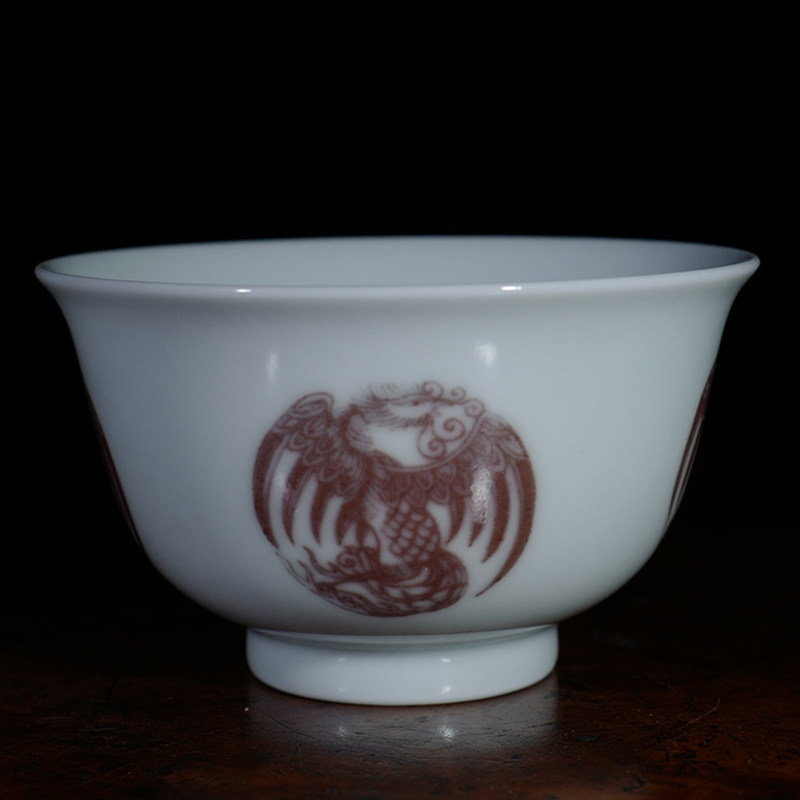 龙圣华苑 景德镇二亭釉里红手绘团凤主人杯 手工复古风陶瓷品茗杯