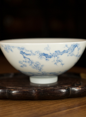 龙圣华苑景德镇谷雨山房尹曰手绘青花落花流水沧海杯名家手工茶杯