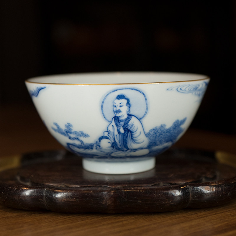 龙圣华苑谷雨山房[没空]手绘青花降龙尊者金边集圆杯手工主人杯