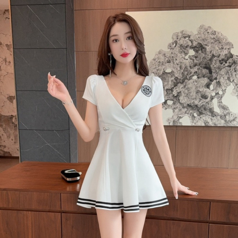 跨境外贸女装批发东南亚性感v领低胸短款制服工装打底连衣裙5842