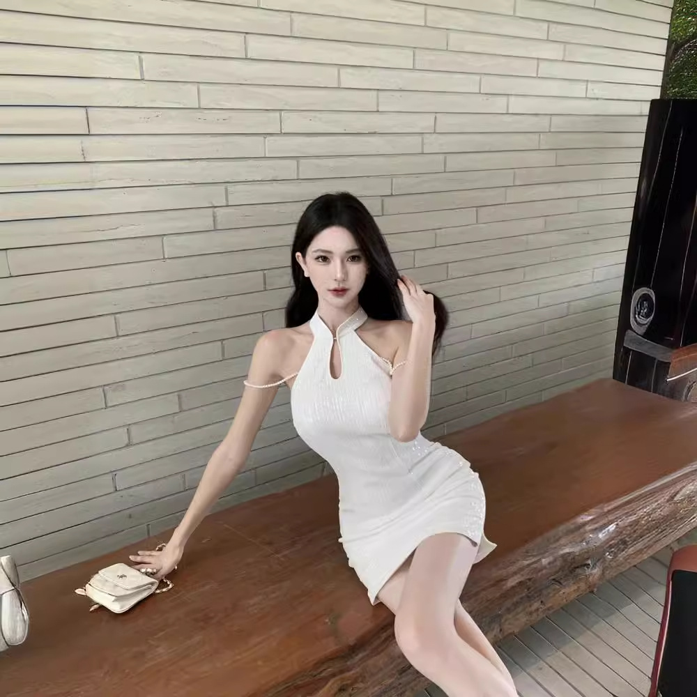 新中式亮片镂空无袖修身显瘦包臀裙女2025新款改良旗袍短款连衣裙