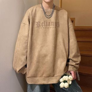 鹿皮绒美式 圆领上衣服oversize百搭潮牌男外套 春秋季 复古卫衣男士