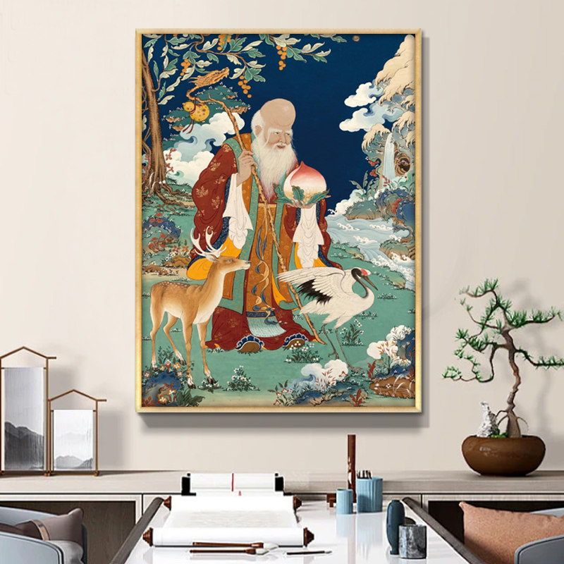 长寿老人画像客厅藏式吉祥和气四瑞八宝图挂画唐卡装饰画中堂画