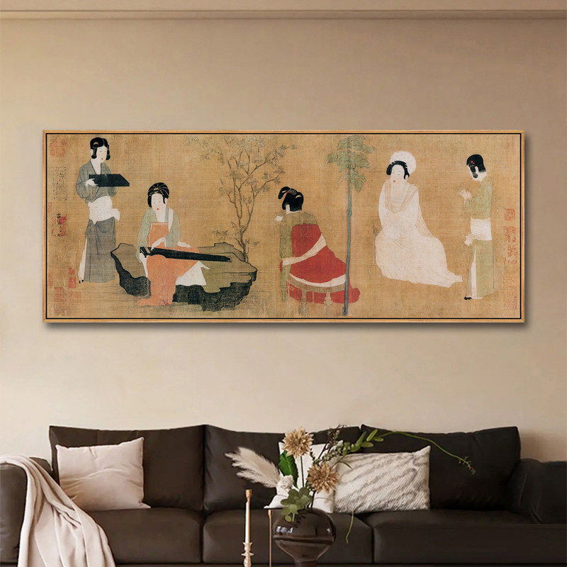 调琴啜茗图挂画名画水墨画新中式客厅背景墙壁画古风仕女图装饰画