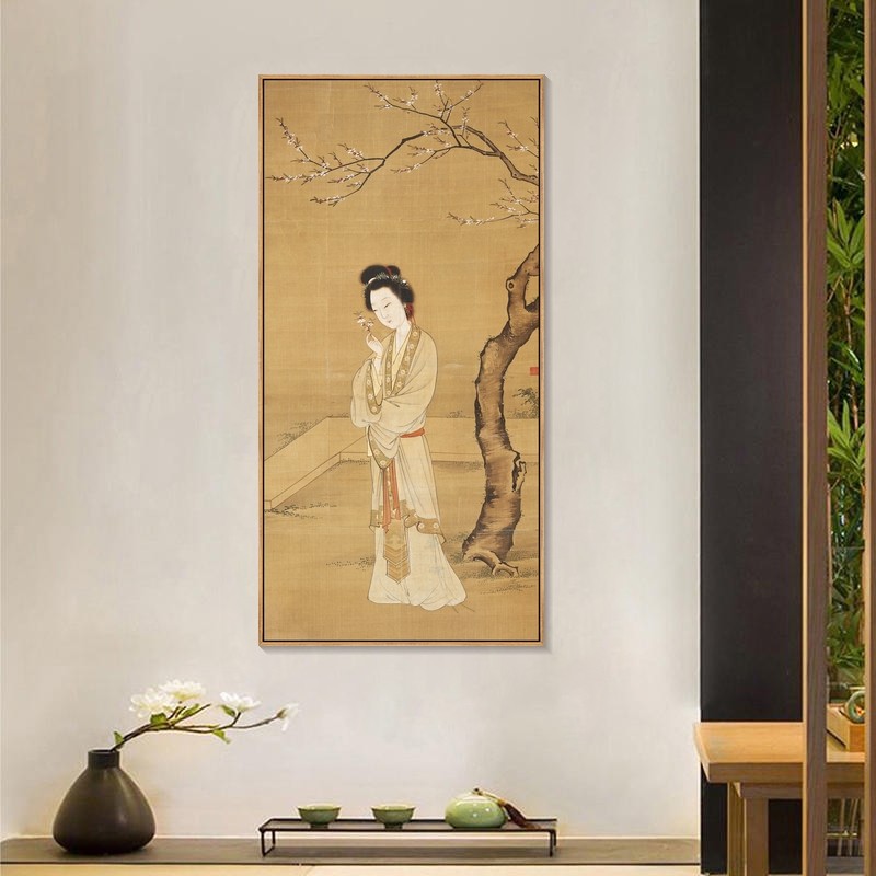 人面桃花图挂画中古风仕女图装饰画新中式玄关画客厅茶室书房壁画